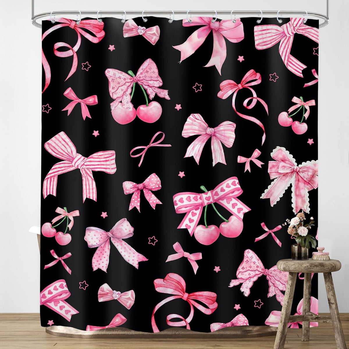 Pink Black Bow Shower Curtain 60x72 Cherry Girly Preppy Bathroom Decor