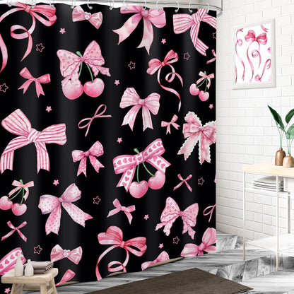 Pink Black Bow Shower Curtain 60x72 Cherry Girly Preppy Bathroom Decor