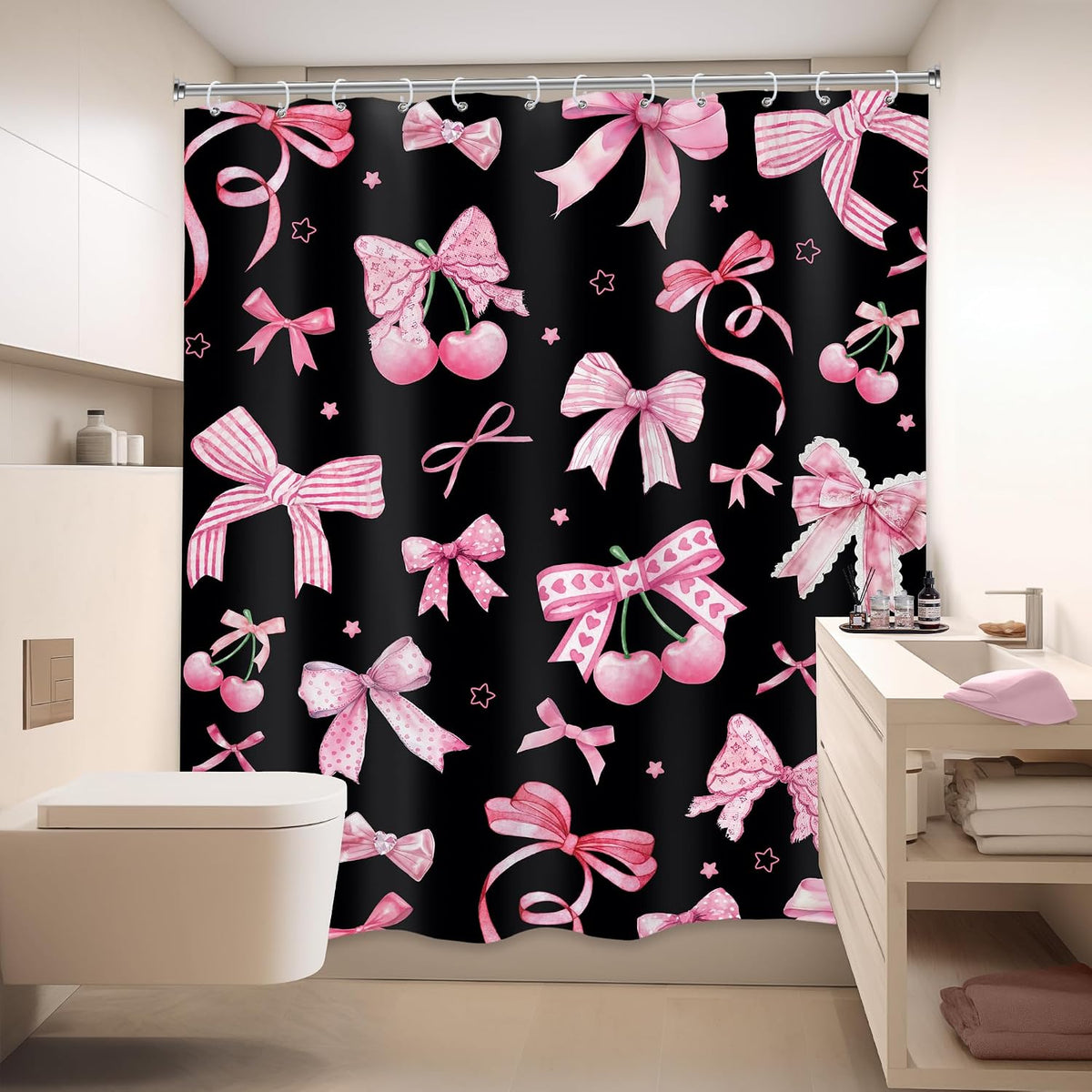 Pink Black Bow Shower Curtain 60x72 Cherry Girly Preppy Bathroom Decor