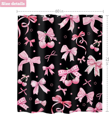 Pink Black Bow Shower Curtain 60x72 Cherry Girly Preppy Bathroom Decor