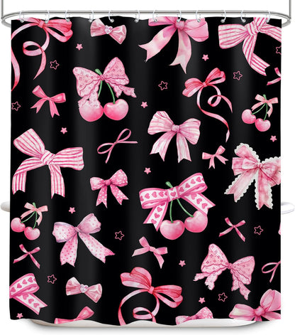 Pink Black Bow Shower Curtain 60x72 Cherry Girly Preppy Bathroom Decor