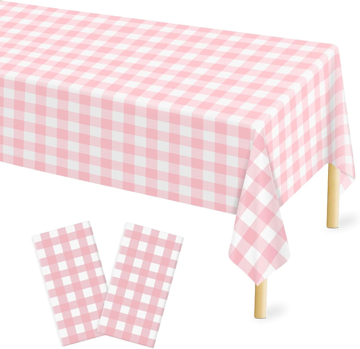 Pink Gingham Tablecloth 54 × 108 Inches Pink and White Checkered Table Cloth Disposable Plastic Waterproof Tablecover for Outdoor Picnic, Holiday Dinner, Birthday Party