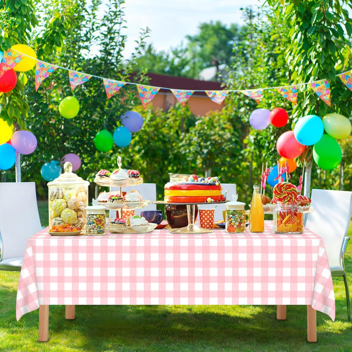 Pink Gingham Tablecloth 54 × 108 Inches Pink and White Checkered Table Cloth Disposable Plastic Waterproof Tablecover for Outdoor Picnic, Holiday Dinner, Birthday Party