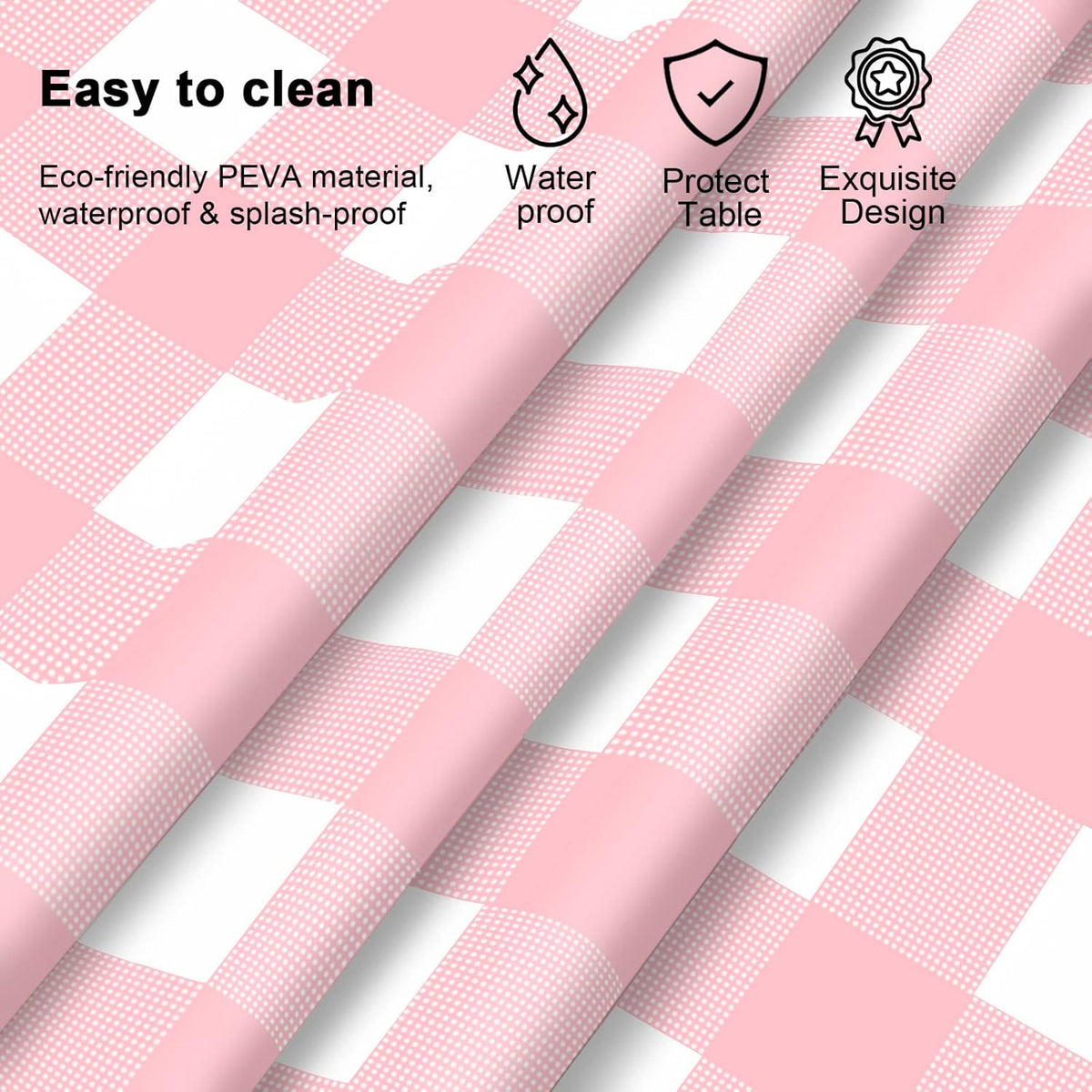 Pink Gingham Tablecloth 54 × 108 Inches Pink and White Checkered Table Cloth Disposable Plastic Waterproof Tablecover for Outdoor Picnic, Holiday Dinner, Birthday Party