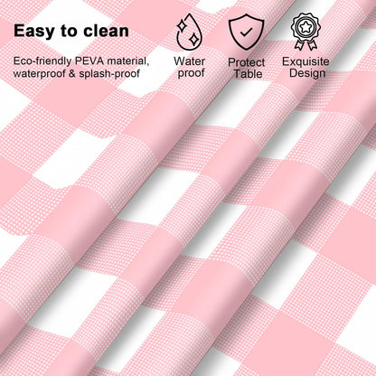 Pink Gingham Tablecloth 54 × 108 Inches Pink and White Checkered Table Cloth Disposable Plastic Waterproof Tablecover for Outdoor Picnic, Holiday Dinner, Birthday Party