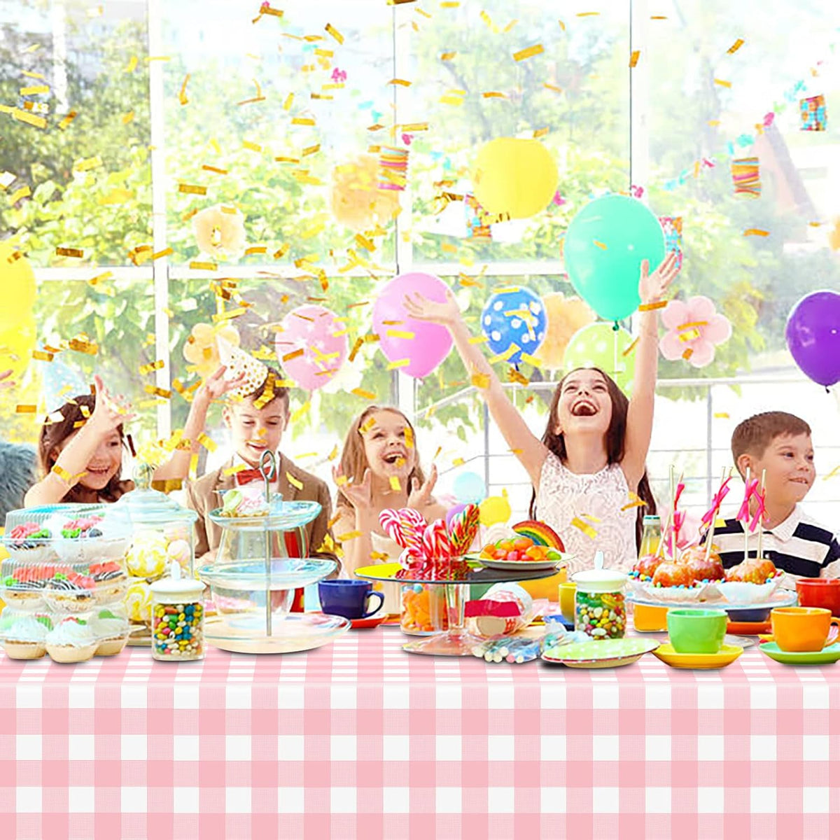 Pink Gingham Tablecloth 54 × 108 Inches Pink and White Checkered Table Cloth Disposable Plastic Waterproof Tablecover for Outdoor Picnic, Holiday Dinner, Birthday Party