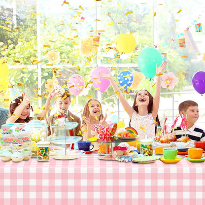 Pink Gingham Tablecloth 54 × 108 Inches Pink and White Checkered Table Cloth Disposable Plastic Waterproof Tablecover for Outdoor Picnic, Holiday Dinner, Birthday Party