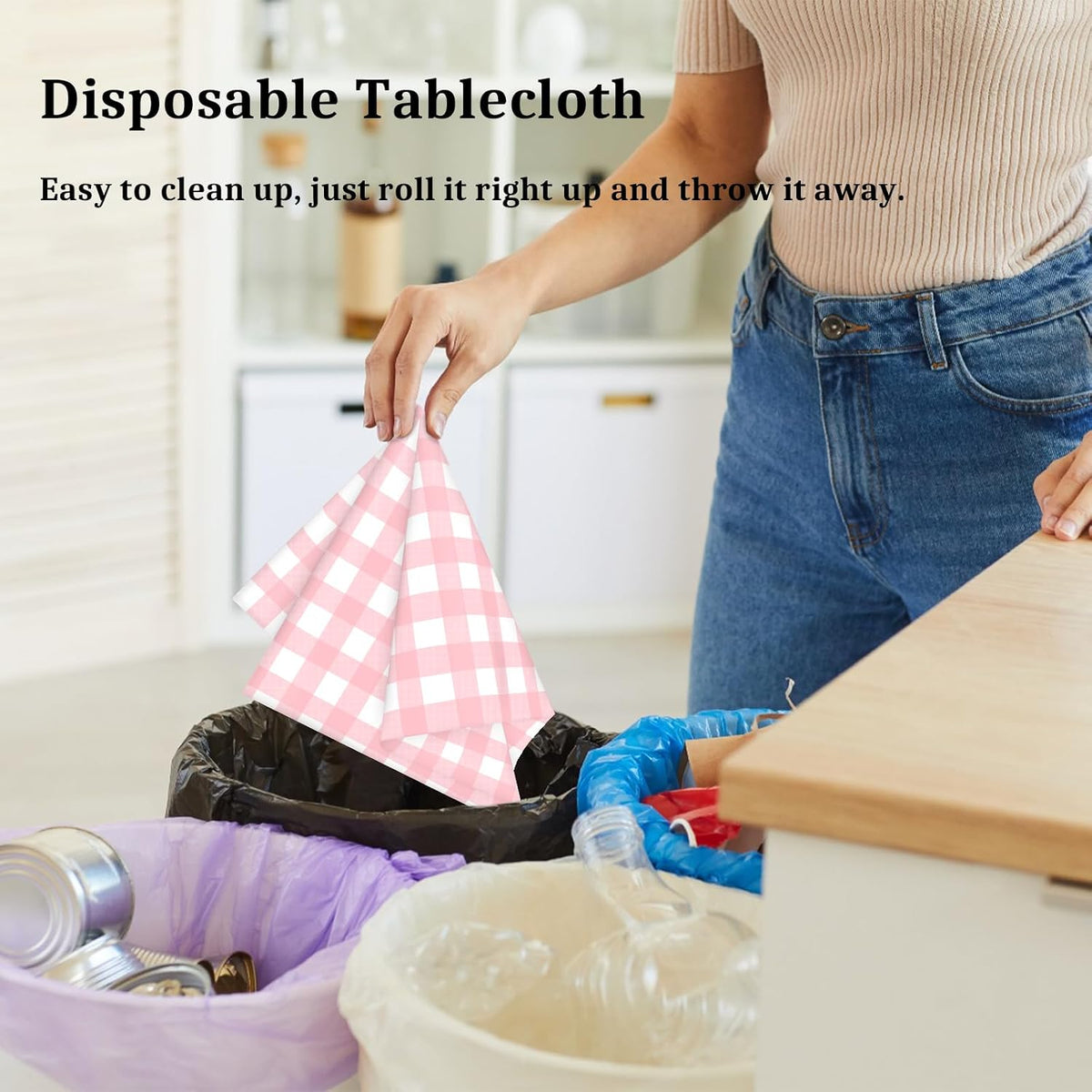 Pink Gingham Tablecloth 54 × 108 Inches Pink and White Checkered Table Cloth Disposable Plastic Waterproof Tablecover for Outdoor Picnic, Holiday Dinner, Birthday Party