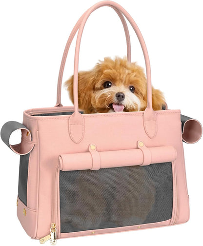 Fashion Pet Carrier Purse for Small Cat and Dog, Luxury Pu Soft-Sided Tote Bag with Large Pockets for Dogs and Puppies (Pink, 15.8" L x 7.5" W x 11.8" H)