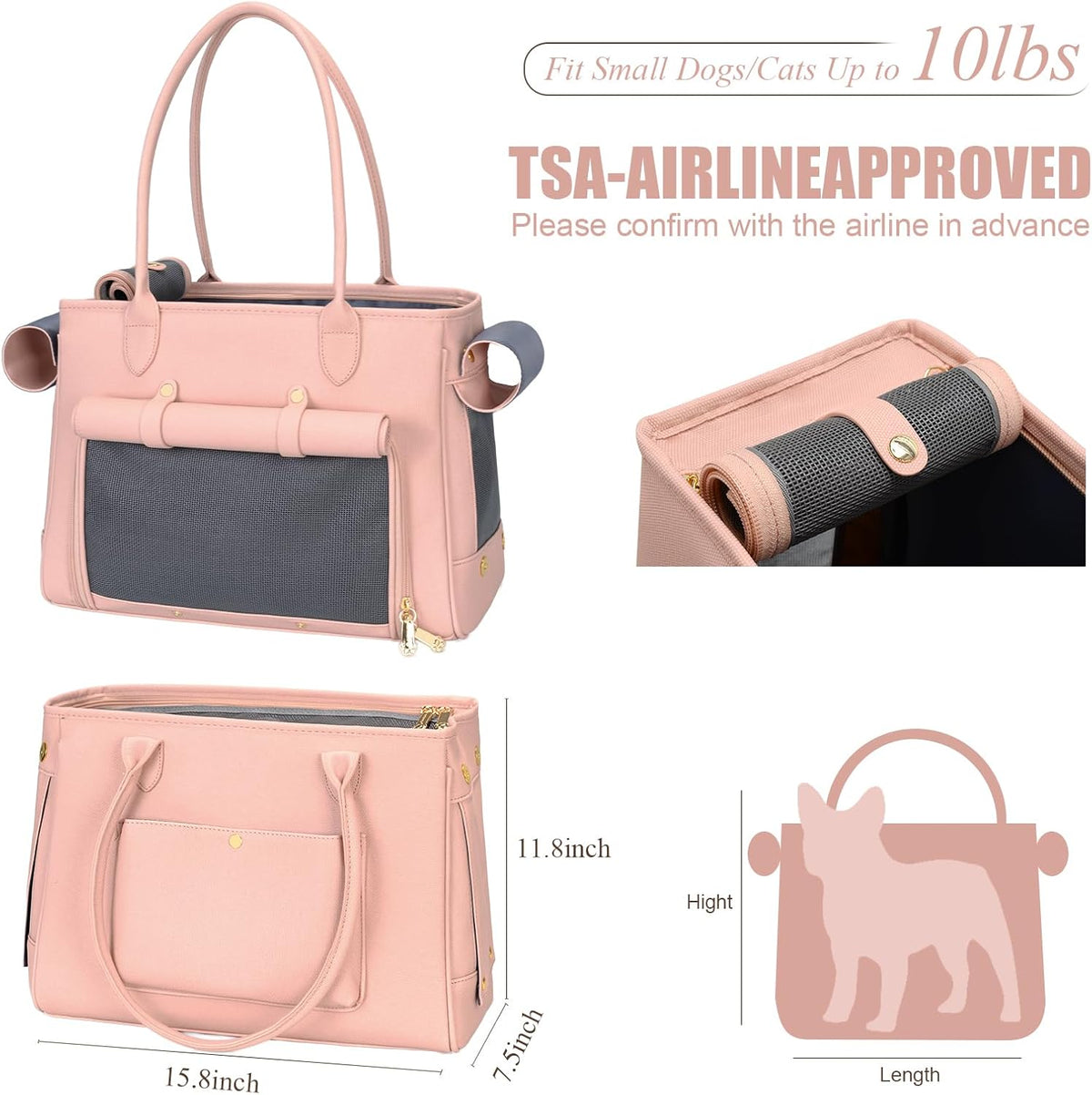 Fashion Pet Carrier Purse for Small Cat and Dog, Luxury Pu Soft-Sided Tote Bag with Large Pockets for Dogs and Puppies (Pink, 15.8" L x 7.5" W x 11.8" H)