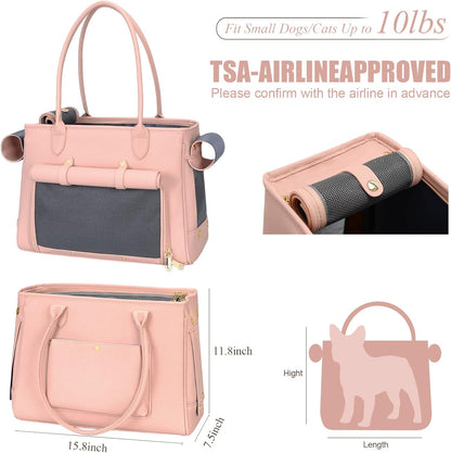 Fashion Pet Carrier Purse for Small Cat and Dog, Luxury Pu Soft-Sided Tote Bag with Large Pockets for Dogs and Puppies (Pink, 15.8" L x 7.5" W x 11.8" H)