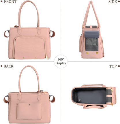 Fashion Pet Carrier Purse for Small Cat and Dog, Luxury Pu Soft-Sided Tote Bag with Large Pockets for Dogs and Puppies (Pink, 15.8" L x 7.5" W x 11.8" H)