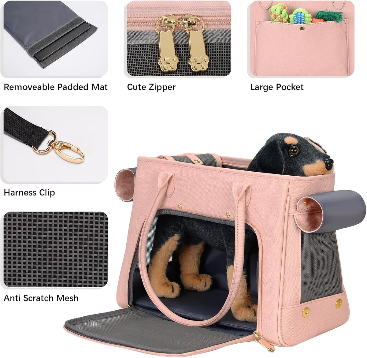 Fashion Pet Carrier Purse for Small Cat and Dog, Luxury Pu Soft-Sided Tote Bag with Large Pockets for Dogs and Puppies (Pink, 15.8" L x 7.5" W x 11.8" H)