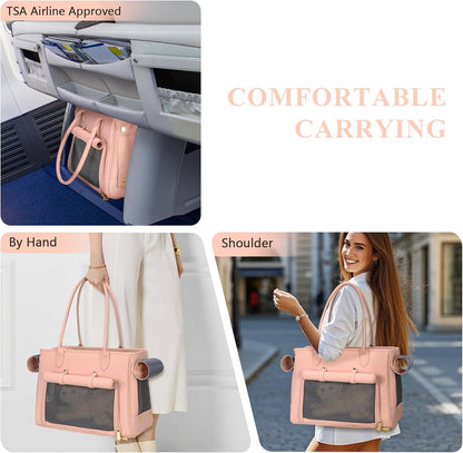 Fashion Pet Carrier Purse for Small Cat and Dog, Luxury Pu Soft-Sided Tote Bag with Large Pockets for Dogs and Puppies (Pink, 15.8" L x 7.5" W x 11.8" H)