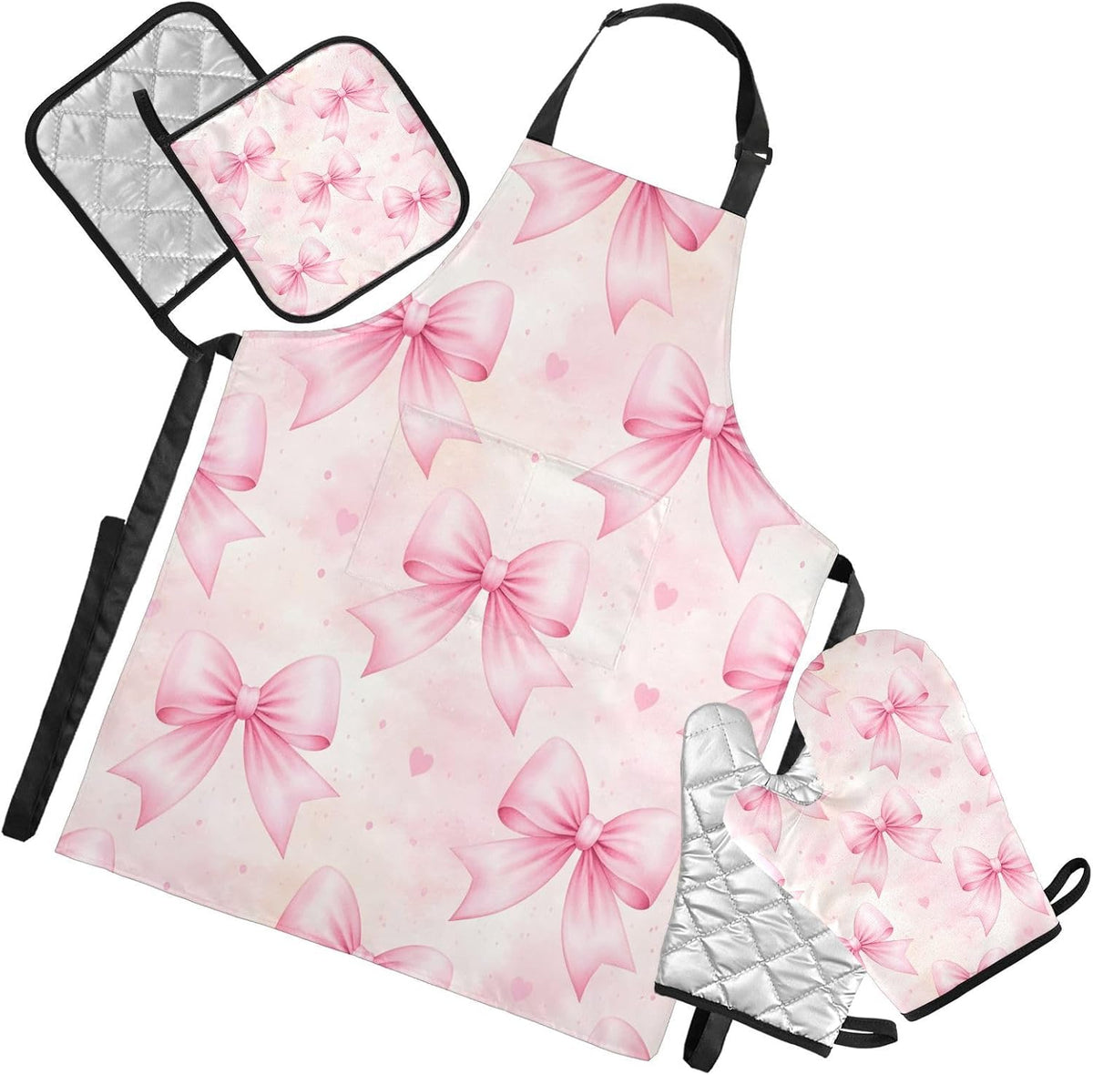 Bows Light Pink Oven Mitts and Pot Holders Sets with Adjustable Apron 5Pcs, Heat Resistant Kitchen Gloves and Non-Slip Potholders