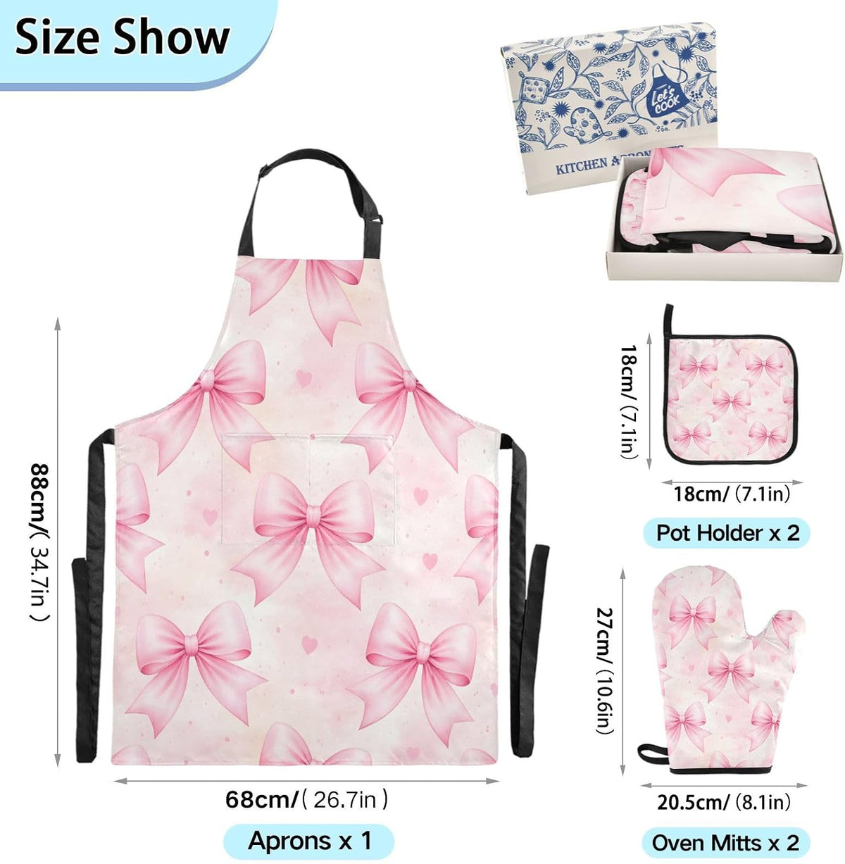 Bows Light Pink Oven Mitts and Pot Holders Sets with Adjustable Apron 5Pcs, Heat Resistant Kitchen Gloves and Non-Slip Potholders