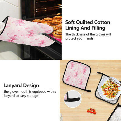Bows Light Pink Oven Mitts and Pot Holders Sets with Adjustable Apron 5Pcs, Heat Resistant Kitchen Gloves and Non-Slip Potholders
