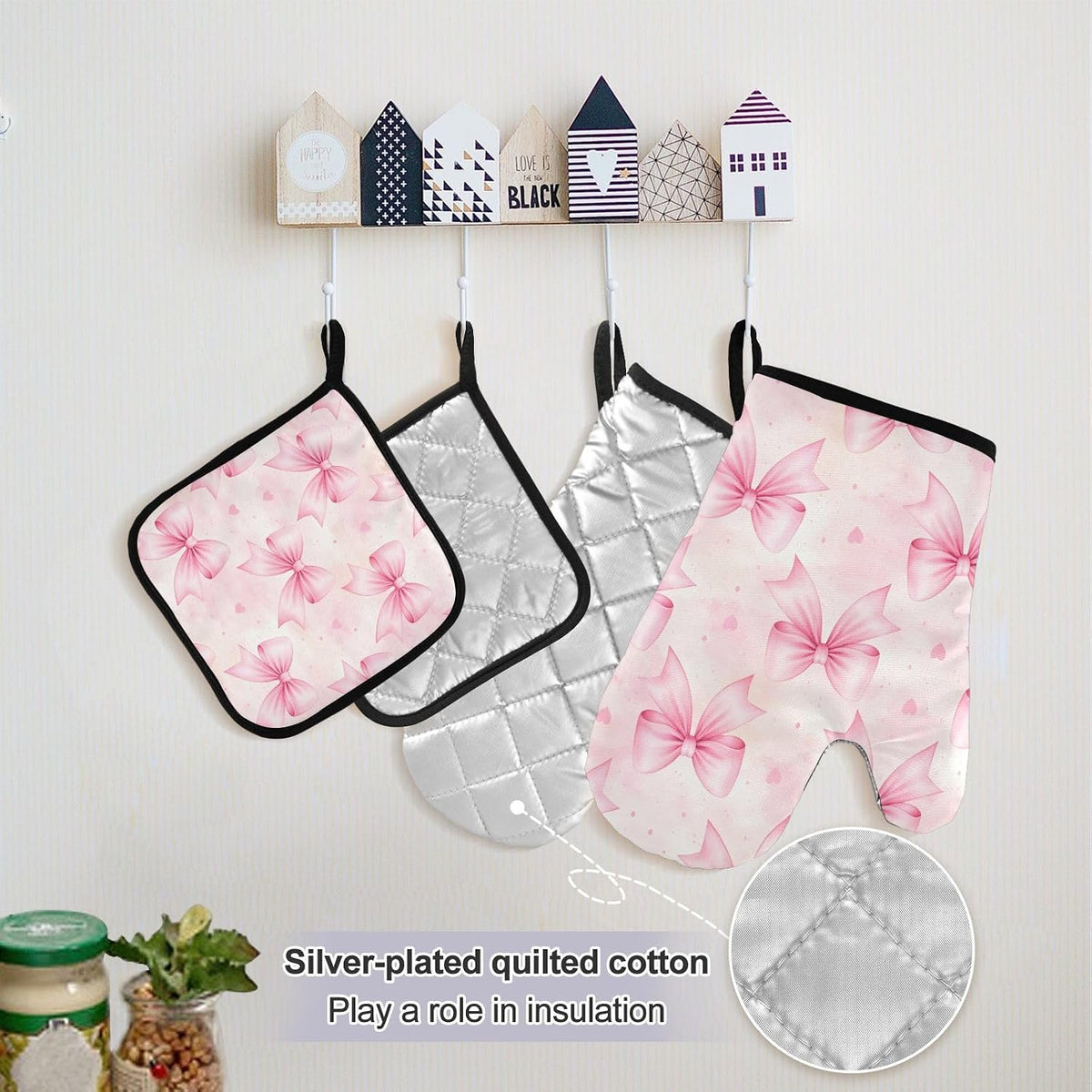 Bows Light Pink Oven Mitts and Pot Holders Sets with Adjustable Apron 5Pcs, Heat Resistant Kitchen Gloves and Non-Slip Potholders
