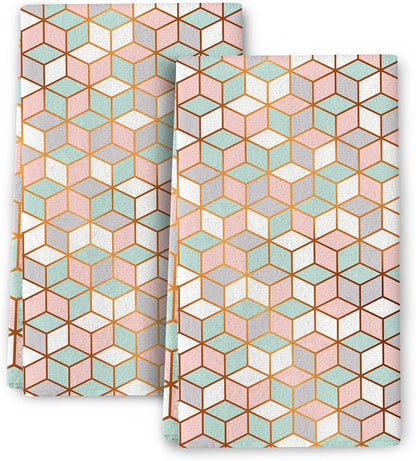 Pink Green Geometric Kitchen Towels Decorative Set of 2 Tea Towels