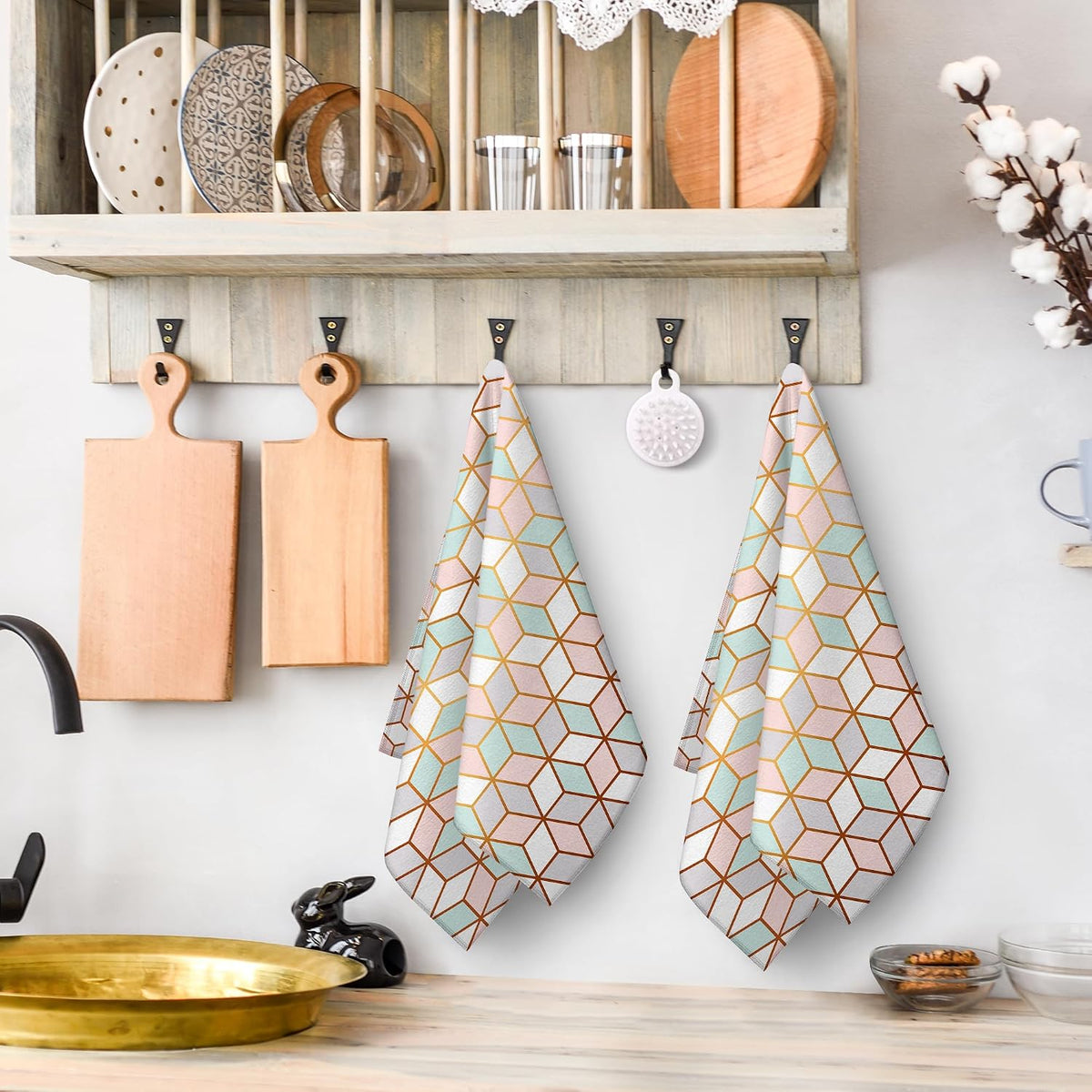 Pink Green Geometric Kitchen Towels Decorative Set of 2 Tea Towels