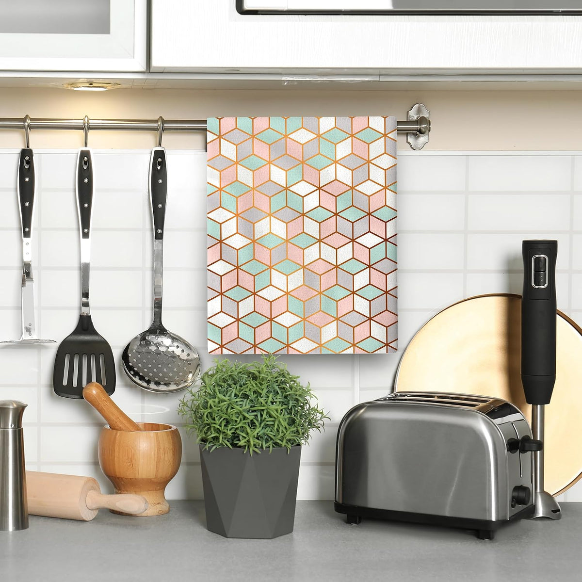 Pink Green Geometric Kitchen Towels Decorative Set of 2 Tea Towels