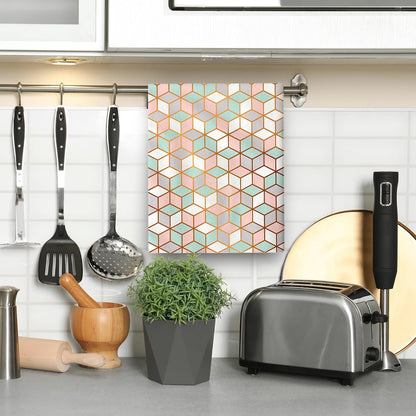 Pink Green Geometric Kitchen Towels Decorative Set of 2 Tea Towels