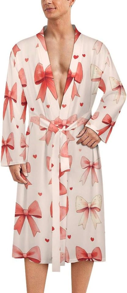 Pink Bow Print Robes for Men Women, Soft Bathrobe Long Men Womens Robes Lightweight Cozy Bath Robe