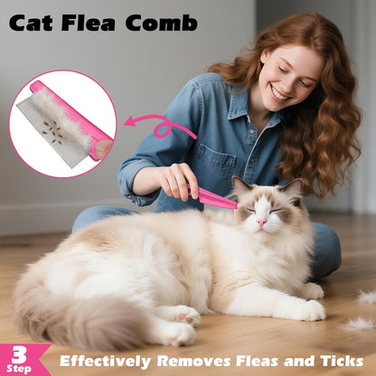 3PCS Cat Grooming Supplies, Cat Brush & Nail Clipper/Trimmer & Flea Comb for Shedding Indoor Cats Essentials Stuff Accessories (Pink)