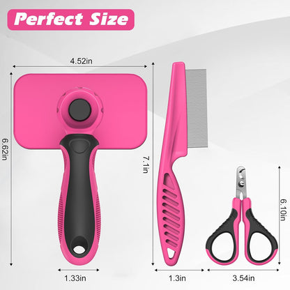 3PCS Cat Grooming Supplies, Cat Brush & Nail Clipper/Trimmer & Flea Comb for Shedding Indoor Cats Essentials Stuff Accessories (Pink)