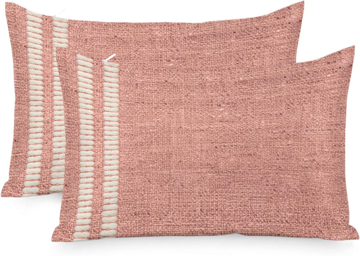 Peach Pink Texture Pillow Cases Standard Size Set of 2, Country Farmhouse Burlap Stripes Satin Pillowcase with Zipper for Hair/Skin, Decorative Pillow Covers for Bed/Couch/Sofa, 20x26 Inches