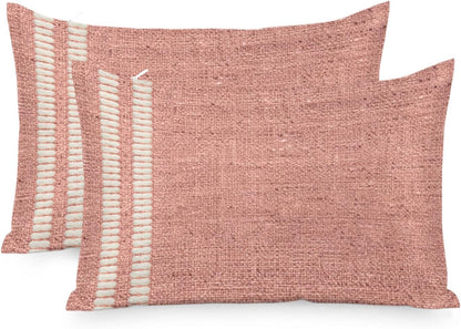 Peach Pink Texture Pillow Cases Standard Size Set of 2, Country Farmhouse Burlap Stripes Satin Pillowcase with Zipper for Hair/Skin, Decorative Pillow Covers for Bed/Couch/Sofa, 20x26 Inches