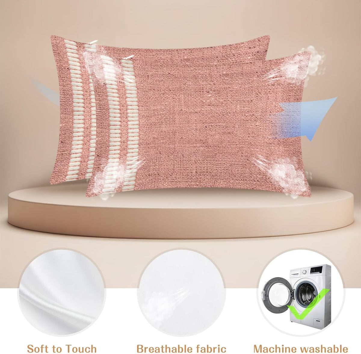Peach Pink Texture Pillow Cases Standard Size Set of 2, Country Farmhouse Burlap Stripes Satin Pillowcase with Zipper for Hair/Skin, Decorative Pillow Covers for Bed/Couch/Sofa, 20x26 Inches