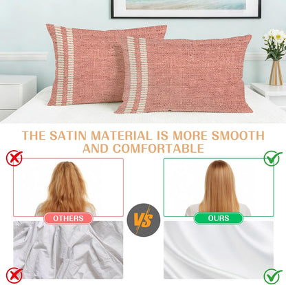 Peach Pink Texture Pillow Cases Standard Size Set of 2, Country Farmhouse Burlap Stripes Satin Pillowcase with Zipper for Hair/Skin, Decorative Pillow Covers for Bed/Couch/Sofa, 20x26 Inches