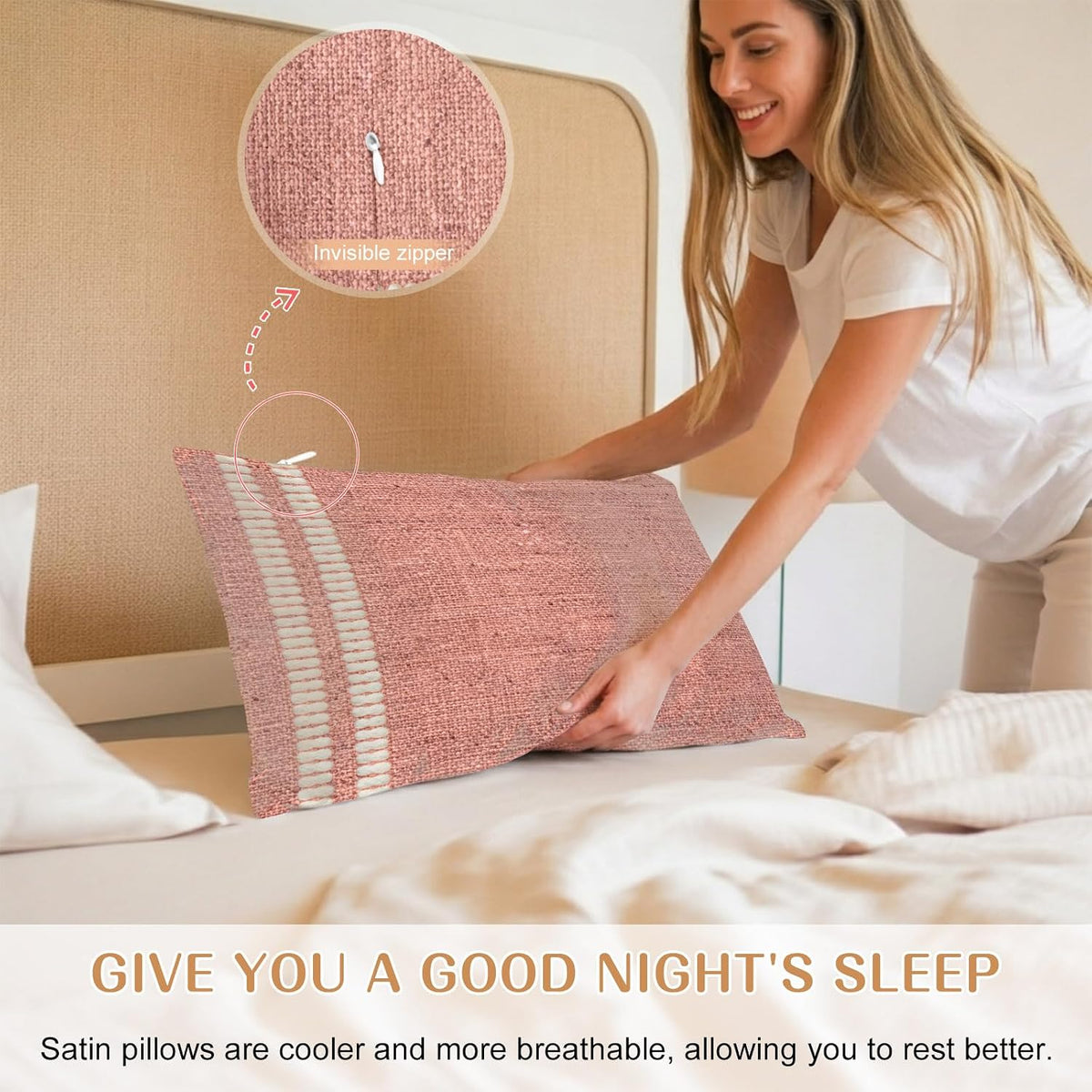 Peach Pink Texture Pillow Cases Standard Size Set of 2, Country Farmhouse Burlap Stripes Satin Pillowcase with Zipper for Hair/Skin, Decorative Pillow Covers for Bed/Couch/Sofa, 20x26 Inches