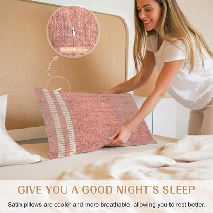 Peach Pink Texture Pillow Cases Standard Size Set of 2, Country Farmhouse Burlap Stripes Satin Pillowcase with Zipper for Hair/Skin, Decorative Pillow Covers for Bed/Couch/Sofa, 20x26 Inches