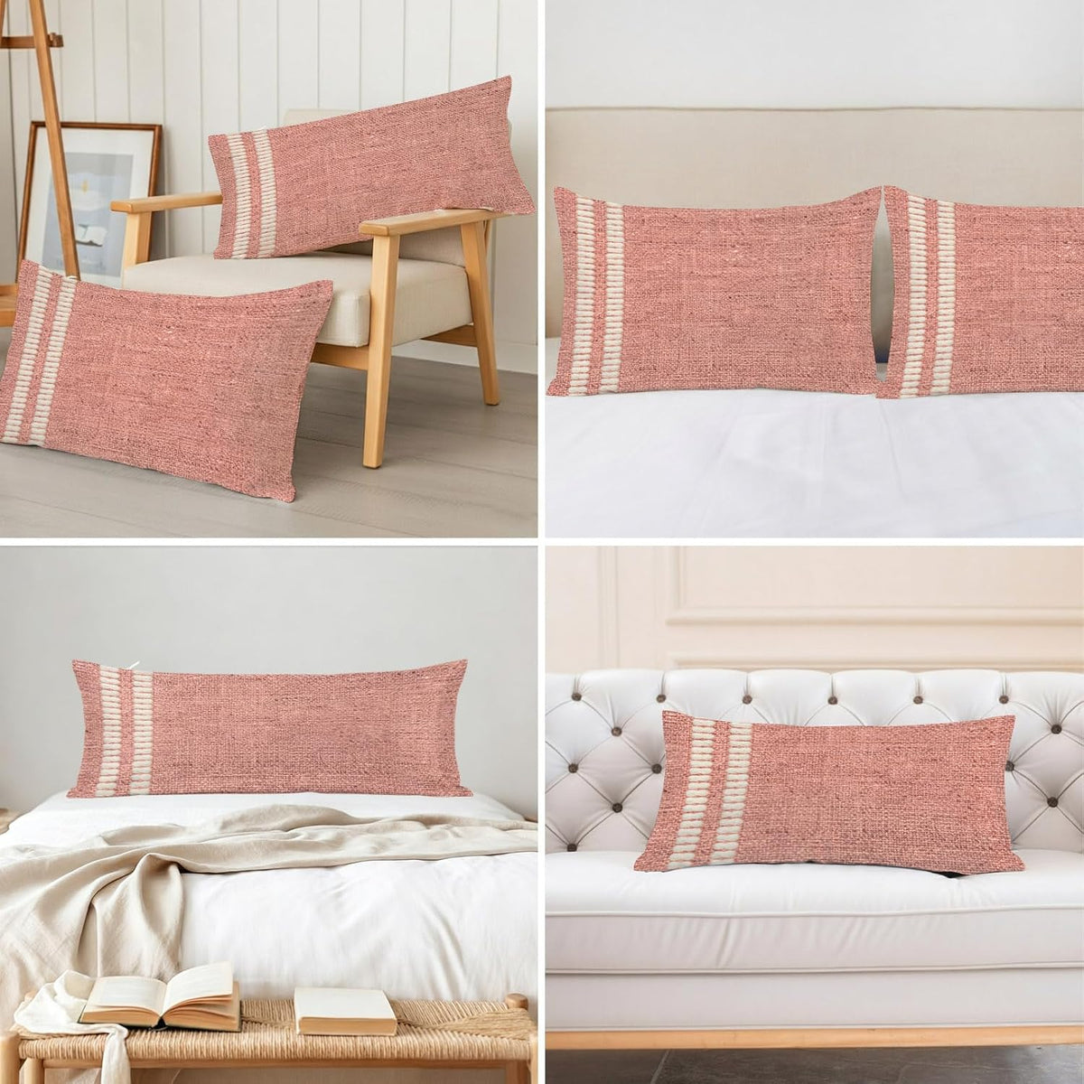 Peach Pink Texture Pillow Cases Standard Size Set of 2, Country Farmhouse Burlap Stripes Satin Pillowcase with Zipper for Hair/Skin, Decorative Pillow Covers for Bed/Couch/Sofa, 20x26 Inches