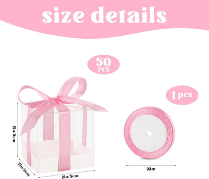 50 Pack Favor Boxes 2x2x2 Inches Clear Candy Treat Boxes with Pink Ribbons, Mini Plastic Gift for Wedding, Birthday Party, Baby Shower, Classroom Decoration Supplies