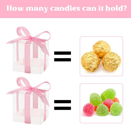 50 Pack Favor Boxes 2x2x2 Inches Clear Candy Treat Boxes with Pink Ribbons, Mini Plastic Gift for Wedding, Birthday Party, Baby Shower, Classroom Decoration Supplies