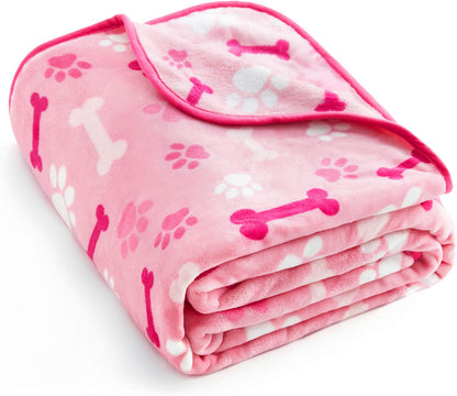 Luxurious Dog Blanket, 350 GSM Super Fuzzy Microplush Fleece Pet Blankets for Small Medium Large Dogs and Cats, Pink Paw and Bone, 32" x 24"