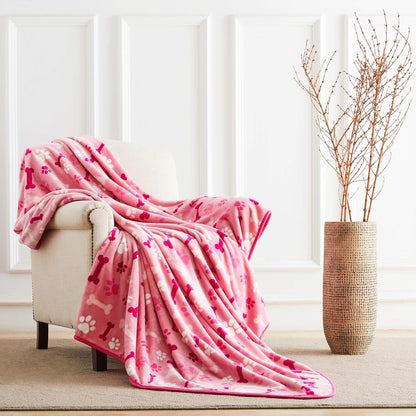 Luxurious Dog Blanket, 350 GSM Super Fuzzy Microplush Fleece Pet Blankets for Small Medium Large Dogs and Cats, Pink Paw and Bone, 32" x 24"