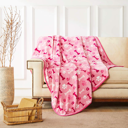 Luxurious Dog Blanket, 350 GSM Super Fuzzy Microplush Fleece Pet Blankets for Small Medium Large Dogs and Cats, Pink Paw and Bone, 32" x 24"