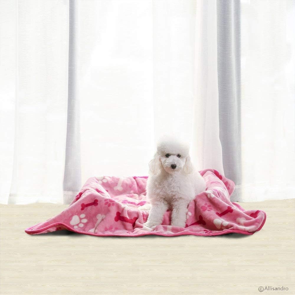 Luxurious Dog Blanket, 350 GSM Super Fuzzy Microplush Fleece Pet Blankets for Small Medium Large Dogs and Cats, Pink Paw and Bone, 32" x 24"