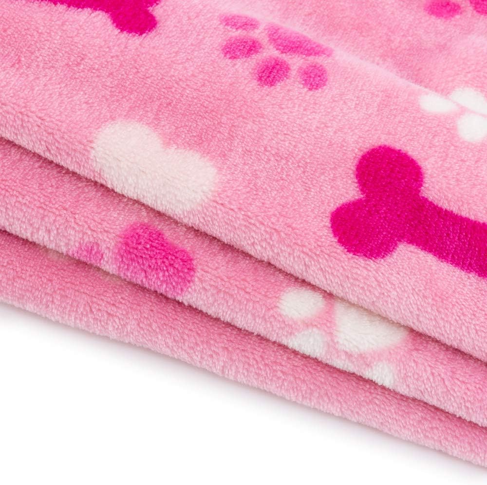 Luxurious Dog Blanket, 350 GSM Super Fuzzy Microplush Fleece Pet Blankets for Small Medium Large Dogs and Cats, Pink Paw and Bone, 32" x 24"