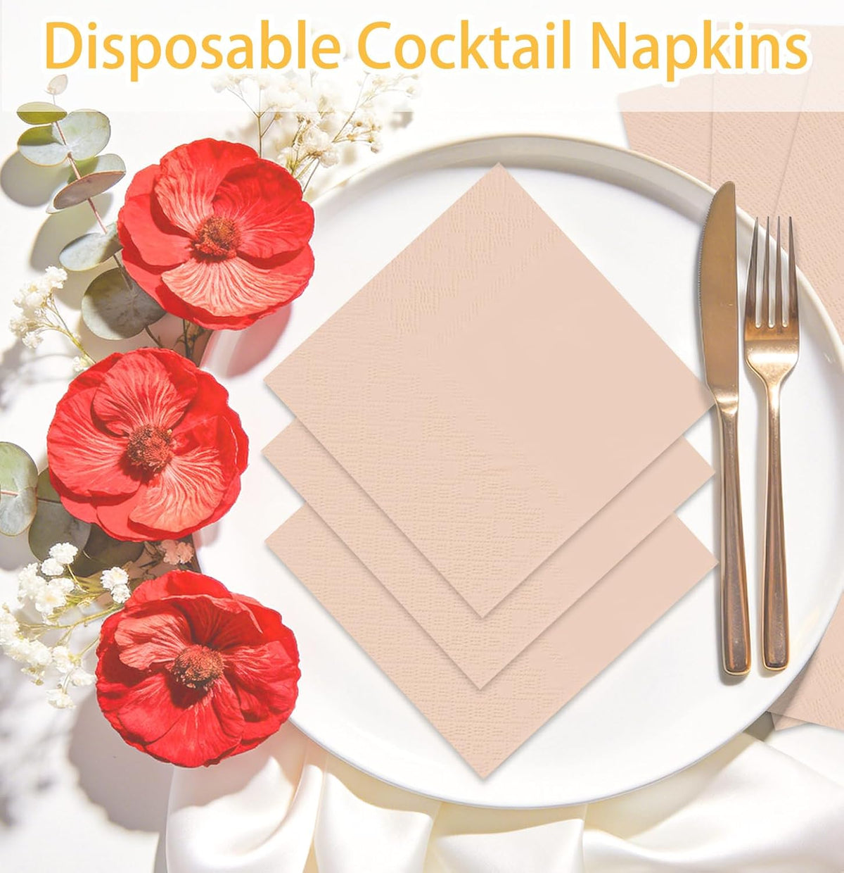 50 Pieces Rose Gold Napkins Disposable 3-Ply Rose Gold Cocktail Napkins Paper Dinner Napkins for Birthday Baby Shower Wedding Graduation Party Beverage Napkin