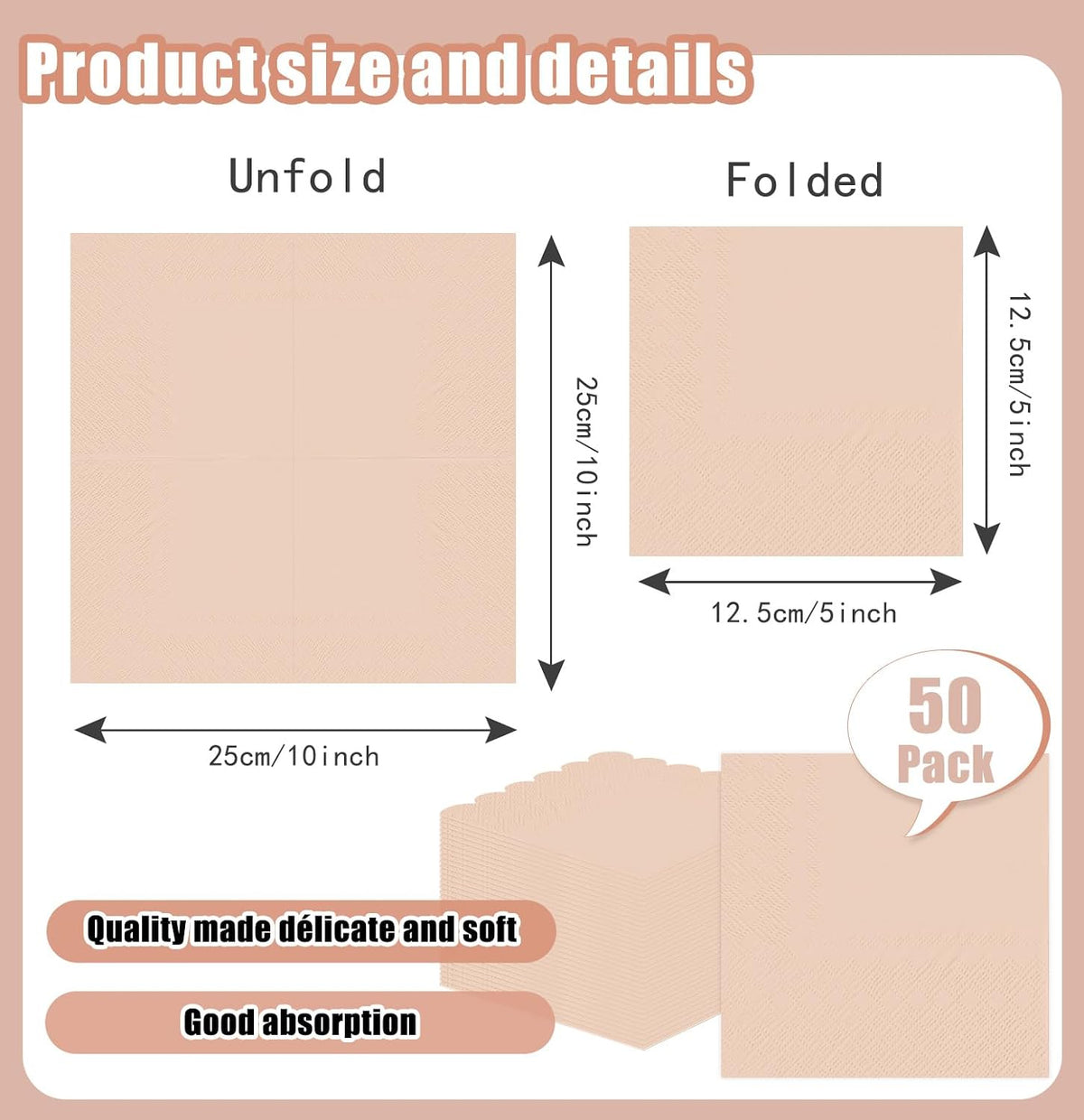50 Pieces Rose Gold Napkins Disposable 3-Ply Rose Gold Cocktail Napkins Paper Dinner Napkins for Birthday Baby Shower Wedding Graduation Party Beverage Napkin