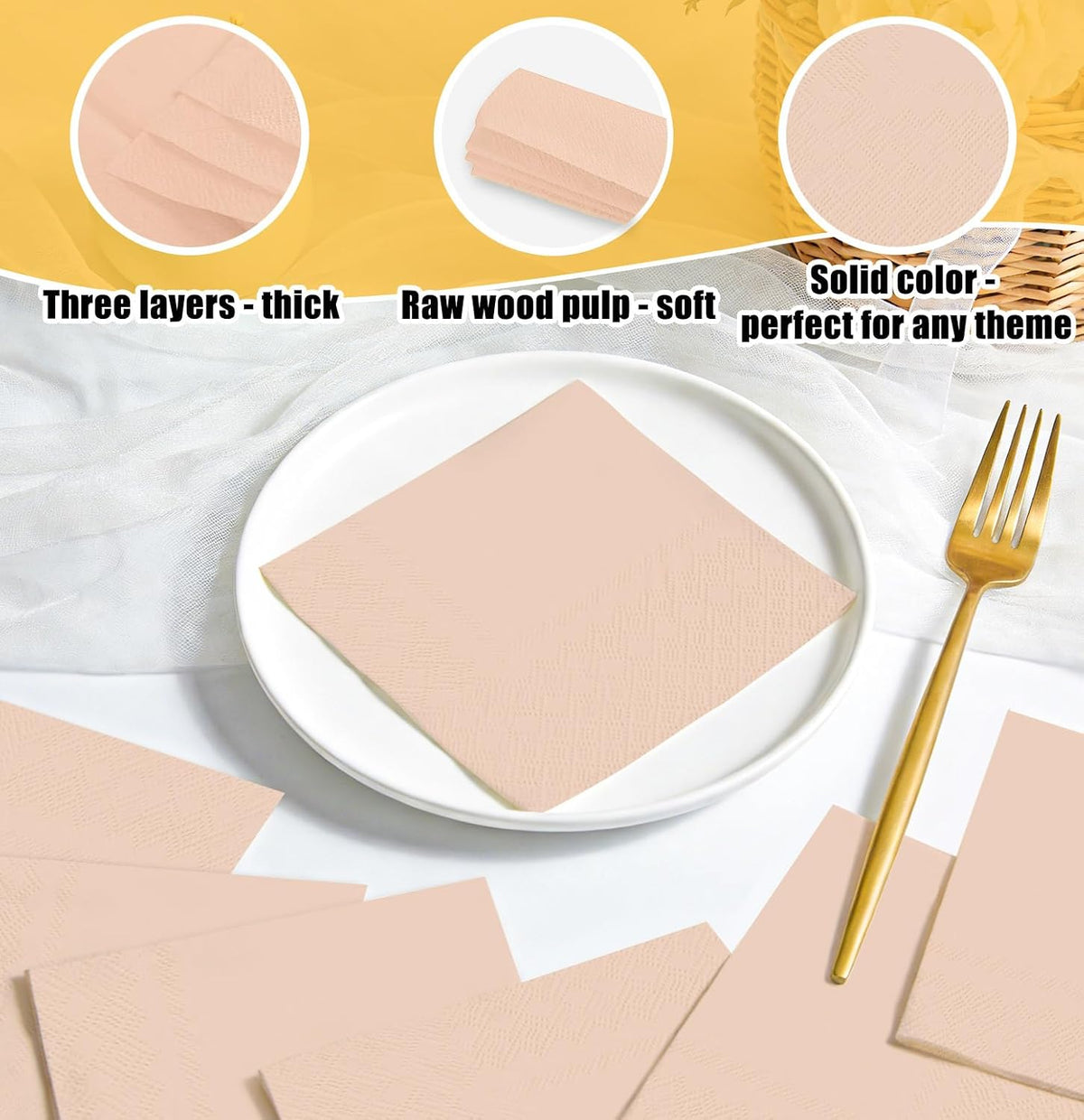 50 Pieces Rose Gold Napkins Disposable 3-Ply Rose Gold Cocktail Napkins Paper Dinner Napkins for Birthday Baby Shower Wedding Graduation Party Beverage Napkin