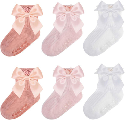 Baby Girl Socks,Ruffle Grip Bows,Toddler Newborn Infant,6 Pairs