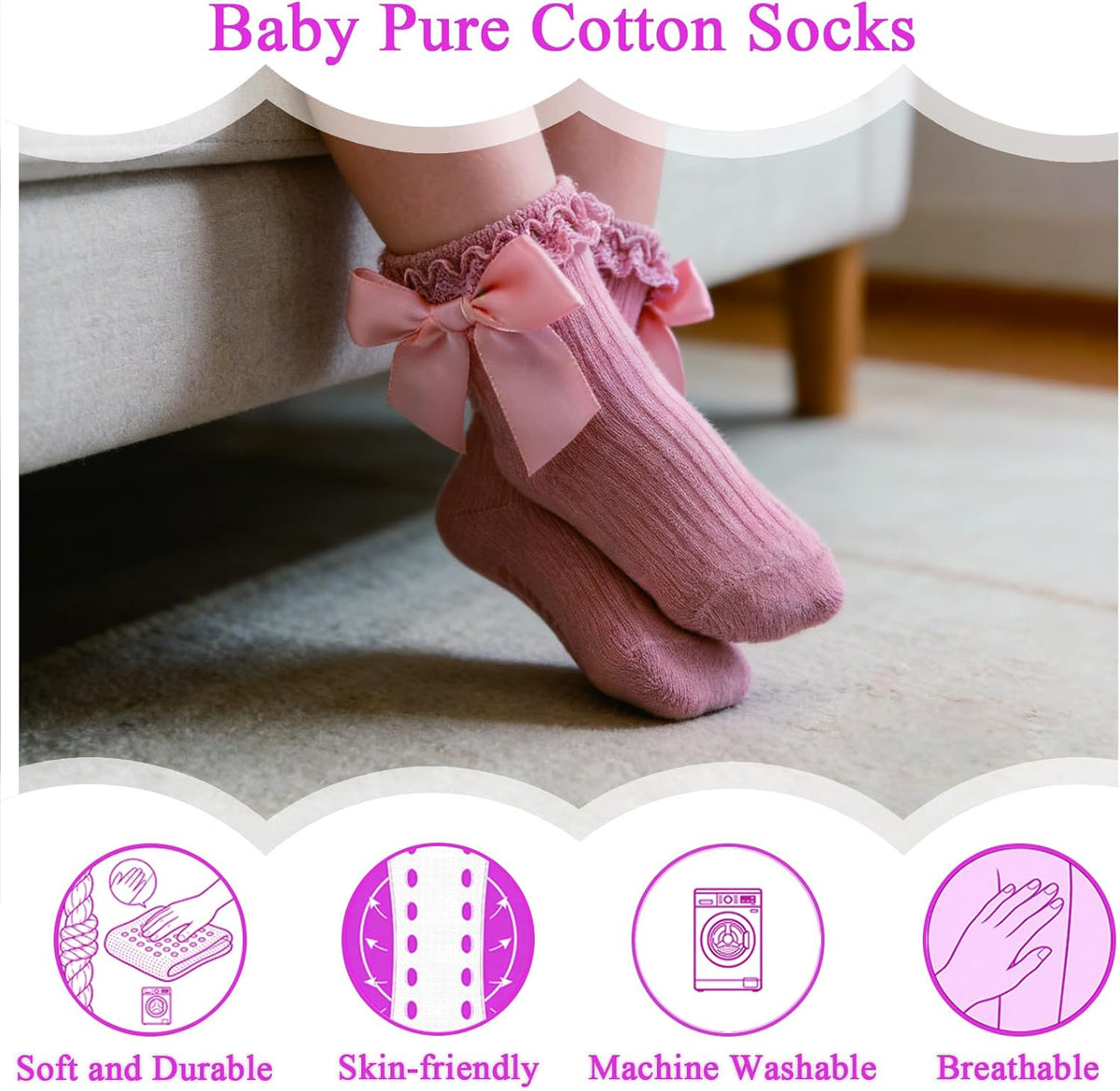 Baby Girl Socks,Ruffle Grip Bows,Toddler Newborn Infant,6 Pairs