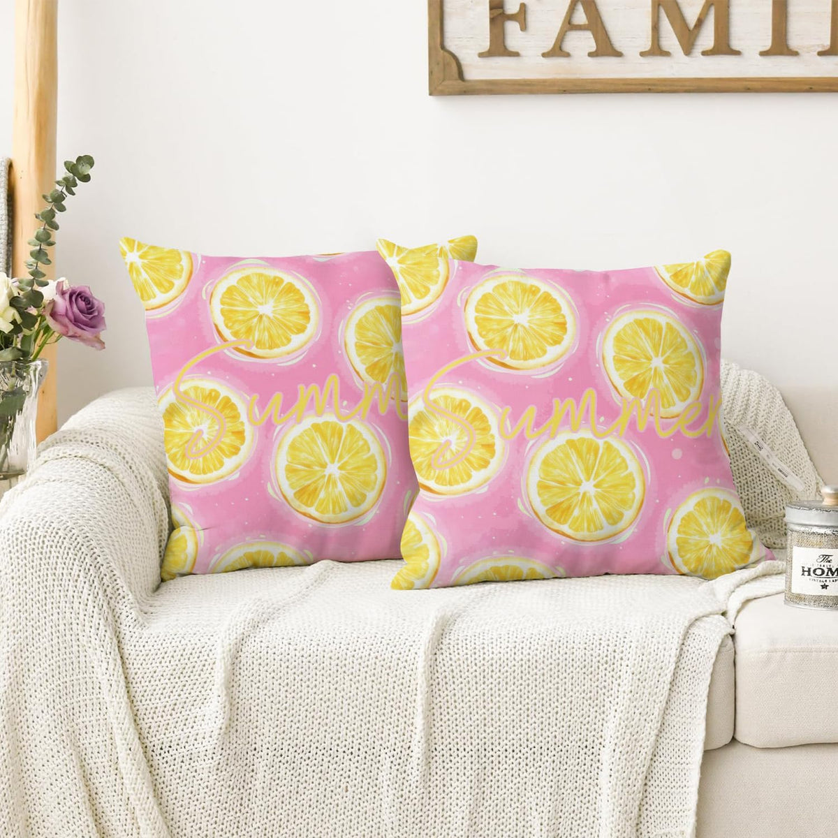 Summer Lemon Throw Pillow Covers 18x18 Inch Set of 2, Pink Citrus Decorative Pillowcases, Double-Sided Print Farmhouse Couch Cushion Covers for Sofa Bed Home Decor