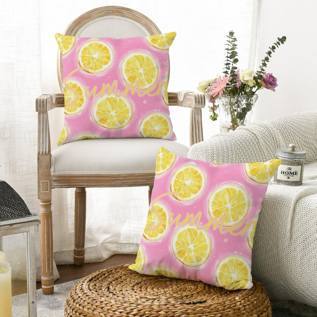 Summer Lemon Throw Pillow Covers 18x18 Inch Set of 2, Pink Citrus Decorative Pillowcases, Double-Sided Print Farmhouse Couch Cushion Covers for Sofa Bed Home Decor